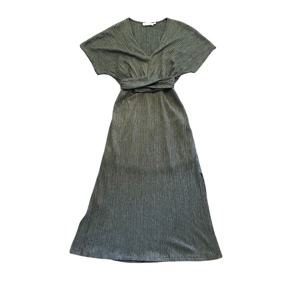 All in Favor Green Metallic Twist Front V-Neck Midi Dress Women's Medium - Picture 2 of 5